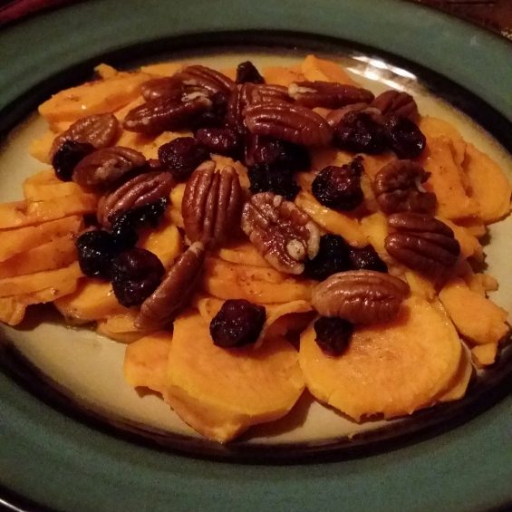 sweet potato with salted pecans and cherries